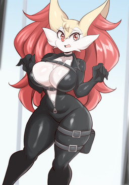 5_fingers anthro big_breasts biped black_bodysuit black_clothing black_eyes black_latex black_skinsuit bodysuit breasts cheek_tuft chest_tuft choker claws clothed clothed_anthro clothed_female clothing cute_fangs eyelashes facial_tuft fangs female female_anthro finger_claws fingers full_cleavage fully_clothed fully_clothed_anthro fully_clothed_female fur jewelry latex latex_bodysuit latex_clothing latex_skinsuit looking_at_viewer multicolored_body multicolored_fur navel necklace open_mouth orange_body orange_fur orange_nose pokemorph simple_background skinsuit small_waist solo standing tailless teeth thick_thighs tight_clothing tongue tuft unzipped white_body white_fur wide_hips yellow_body yellow_fur zipper zipper_bodysuit lucyfercomic nintendo pokemon bray_(lucyfercomic) braixen canid generation_6_pokemon mammal pokemon_(species) absurd_res digital_drawing_(artwork) digital_media_(artwork) hi_res portrait shaded source_request three-quarter_portrait unavailable_at_source