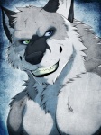 abstract_background anthro black_body black_fur black_nose blue_eyes clenched_teeth fur green_eyes grey_body grey_fur grin heterochromia male muscular muscular_anthro muscular_male pecs simple_background smile solo teeth white_body white_fur aluminemsiren kouga_talbain canid canine canis fox hybrid mammal wolf 2012 3:4 bust_portrait portrait