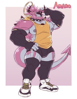 2_horns anthro arm_warmers armwear barazoku beard biceps big_muscles big_pecs black_arm_warmers black_armwear black_clothing black_footwear black_socks clothing collar deltoids eyebrows facial_hair facial_piercing fangs footwear fur hair halo horn horn_jewelry horn_ring jewelry long_socks male multicolored_body muscular muscular_anthro muscular_male nose_piercing nose_ring obliques pecs piercing pink_body pink_fur ponytail ring_(jewelry) ring_piercing rings_on_arms septum_piercing septum_ring sharp_teeth shirt shoes short_ponytail sneakers socks solo spade_tail spiked_collar spikes spikes_(anatomy) tail tank_top teeth text thick_eyebrows topwear tusks white_clothing white_footwear white_shoes white_sneakers juggermelon nintendo pokemon amaro_(juggermelon) generation_6_pokemon genie hoopa hoopa_(unbound) legendary_pokemon pokemon_(species) character_name hi_res