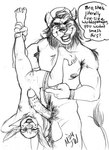anthro arm_tuft armpit_hair backwards_baseball_cap backwards_hat ball_tuft balls baseball_cap beard big_ears body_hair breasts carrying_another clothing dangling dialogue duo facial_hair fangs feet female genitals gesture hand_gesture hat headgear headwear holding_ankle holding_leg leg_grab looking_at_viewer male male/female mane muscular muscular_male nails nipples open_mouth papillae pecs penile_spines penis pointing pointing_at_another pubes pussy sharp_teeth short_stack shoulder_tuft simple_background size_difference small_breasts small_ears smile soles speech_bubble tail tail_tuft talking_to_viewer teeth text toenails toes tuft upside_down whiskers white_background wristband mjw_darkmode kiva_(mjw_darkmode) bovid canid canine caprine felid feline hybrid lion mammal pantherine sheep 2024 absurd_res english_text hi_res monochrome sketch traditional_media_(artwork)