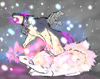 ambiguous_gender attack aurora_(phenomenon) crouching duo electricity feral fur grey_body grey_fur markings on_hind_legs open_mouth orange_eyes orange_markings pink_markings scarf simple_background snow white_body white_fur yellow_eyes yellow_markings welcometaco nintendo pokemon generation_2_pokemon pokemon_(species) quilava