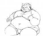 anthro belly big_belly biped bodily_fluids chubby_cheeks clothed clothing ear_piercing facial_scar fur hair male midriff moobs navel obese obese_anthro obese_male overweight overweight_anthro overweight_male piercing scar simple_background sitting solo sweat sweatdrop thick_thighs tight_clothing white_background aretna felid mammal black_and_white hi_res monochrome