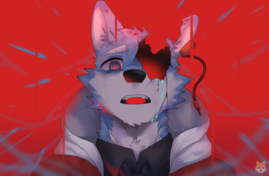 ambiguous_fluids anthro blue_body blue_fur fur male red_background simple_background solo shiban_blue furloid utau vocaloid yamaha_corporation rouka_azuma canid canine canis mammal wolf hi_res