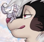 3_toes 4_fingers anthro bangs bent_leg big_breasts black_body black_fur blue_sky breasts brown_body brown_fur cloud cloudy_sky curvy_anthro curvy_female day dipstick_tail duo extreme_size_difference eye_contact eyelashes fangs featureless_breasts feet female female_anthro fingers fluffy fluffy_tail fur grey_body grey_fur grey_spots grey_tail hair half-closed_eyes larger_anthro larger_male long_hair long_tail looking_at_another macro male male_anthro markings multicolored_body multicolored_fur narrowed_eyes neck_tuft nude_anthro nude_female on_another on_face open_mouth outside pink_nose pink_tongue pupils purple_eyes purple_pupils red_eyes sitting sitting_on_another size_difference sky smaller_anthro smaller_female spots spotted_body spotted_fur spotted_markings spotted_tail tail tail_markings tan_body tan_fur teeth toes tongue tongue_out tuft white_body white_breasts white_fur white_hair white_nose white_tail_tip villmix flint_(no_11) lavender_(no_11) canid canine canis domestic_dog felid husky mammal nordic_sled_dog pantherine snow_leopard spitz 2024 colored digital_drawing_(artwork) digital_media_(artwork) hi_res shaded