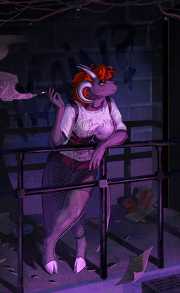 anthro breasts cigarette clothed clothed_anthro clothed_female clothing crossed_legs female fishnet_clothing fishnet_legwear hair hooves leaning leaning_on_railing legwear railing red_hair solo standing yellow_eyes ryan1111_(artist) blair_(riinusagitora) bovid caprine demon goat mammal 2025 absurd_res hi_res