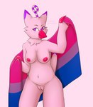 anthro areola beak bisexual_pride_colors breasts claws clothing feathers female flag flag_(object) genitals holding_flag holding_object lgbt_pride markings neck_tuft nude pink_beak pink_body pink_claws pink_feathers pink_skin pride_color_flag pride_colors purple_eyes purple_markings pussy slightly_chubby slightly_chubby_female swimwear tail tail_feathers tuft tsunderewitch bandai_namco digimon chica_the_piyomon avian bird biyomon digimon_(species) hi_res