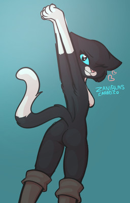 anthro arms_above_head black_body black_fur blue_eyes boots breasts butt casual_nudity clothing featureless_breasts female footwear fur fuzzy green_background heart_eyes heart_symbol looking_at_viewer looking_back mostly_nude nude one_eye_closed rear_view shoes side_boob simple_background small_breasts smile solo standing stretching tail wink winking_at_viewer zanibuns dreamworks puss_in_boots_(franchise) kitty_softpaws domestic_cat felid feline felis mammal tuxedo_cat hi_res signature