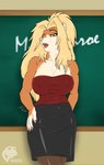 anthro big_breasts blonde_hair bottomwear breasts chalkboard cleavage clothed clothing female fur hair mature_anthro mature_female multicolored_body multicolored_fur pink_nose school skirt solo standing tan_body tan_fur teacher tongue two_tone_body two_tone_fur white_body white_fur ghostwolf tahnee_monroe eulipotyphlan hedgehog mammal 2022 flat_colors signature