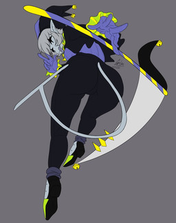 clothed clothing crossgender female grey_hair hair hat headgear headwear humanoid_pointy_ears jester melee_weapon not_furry pointy_ears polearm scythe simple_background solo tongue tongue_out weapon mashapotato deltarune undertale_(series) jevil_(deltarune) darkner humanoid 2019 digital_media_(artwork)
