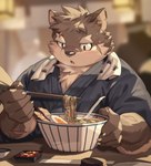 anthro asian_clothing blush bowl chopsticks clothing container east_asian_clothing eating egg eyebrows food fur grey_body grey_fur japanese_clothing kimono male noodles ramen scar solo thick_eyebrows yed lifewonders tokyo_afterschool_summoners moritaka_(tas) canid canine canis domestic_dog mammal 2023 absurd_res hi_res