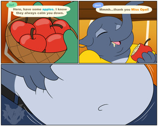 anthro apple belly belly_expansion belly_jiggle belt big_belly bodily_fluids border bottomwear bowl close-up clothing container denim denim_bottomwear denim_clothing dialogue double_chin drooling duo eating expansion female food fruit holding_belly holding_own_belly jeans jiggling male male_focus motion_lines navel obese obese_anthro obese_male overweight overweight_anthro overweight_male pants plant saliva shirt solo_focus t-shirt text topwear weight_gain white_border jouigidragon animal_crossing nintendo dizzy_(animal_crossing) opal_(animal_crossing) elephant elephantid mammal proboscidean 2022 5:4 comic english_text hi_res watermark