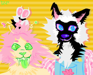 abstract_art ambiguous_gender antennae_(anatomy) anthro big_ears circle_eyebrows clothed clothing crooked_smile duo eyebrows fangs fuzzy hair heart_nose heart_symbol male pink_hair sabertooth_(anatomy) scruffy silly smile smiling_at_viewer teeth tongue tongue_out yellow_body wwormguts froople_(totalstinker) canid canine felid feline fox hybrid mammal unknown_species colored digital_drawing_(artwork) digital_media_(artwork)