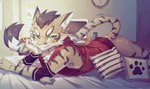 anthro bed bottomless brown_body brown_fur butt clothed clothing fur furniture green_eyes hair inside lying male on_bed solo striped_body striped_fur stripes tail white_body white_fur lililiermao nekojishi studio_klondike shu-chi deity felid feline leopard_cat mammal prionailurus 2024 hi_res