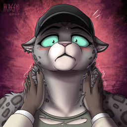 anthro arm_tuft blush clothing ear_piercing ear_ring emanata eyebrows eyelashes female fur green_eyes grey_body grey_fur hands_on_neck hat headgear headwear inner_ear_fluff markings neck_tuft petting piercing pupils ring_piercing shirt shoulder_tuft small_pupils solo spots spotted_body spotted_fur topwear tuft heresy_(artist) dreamworks the_bad_guys kitty_kat_(the_bad_guys) mr._wolf_(the_bad_guys) felid mammal pantherine snow_leopard 1:1 2025