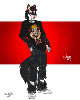 anthro black_body black_fur boots chain clothing ear_piercing ear_ring ears_up facial_piercing feet foot_fetish foot_focus footwear fur hand_on_hip humanoid_feet looking_at_viewer male nose_piercing nose_ring piercing plantigrade red_eyes ring ring_piercing shoes solo spikes tail text text_on_clothing tongue tongue_out torn_clothing white_body white_fur bartek22 wayne_(bartek22) canid canine canis mammal wolf 4:5 hi_res