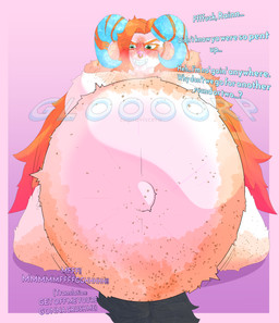 ambiguous_gender anthro anthro_penetrated belly blush bodily_fluids breasts color_coded_text cum cum_inflation cum_inside duo female female_anthro female_penetrated freckled_belly freckled_breasts freckled_ears freckled_legs freckled_thighs freckles genital_fluids inflation navel navel_outline nude nude_anthro nude_female outie_navel overweight penetration pinned sex stretch_marks text capraviscera alpenglow rainn_(capraviscera) bovid caprine human mammal sheep absurd_res english_text hi_res