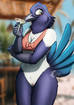 alcohol anthro bar beach beverage bikini bikini_top bottomless bow_(feature) breasts casual_exposure cleavage clothed clothing cocktail cocktail_glass container cup drinking_glass female food fruit genitals glass glass_container glass_cup martini non-mammal_breasts olive_(fruit) plant solo summer swimwear two-piece_swimsuit vulva fish_birb rachel_(fish_birb) avian bird corvid eurasian_magpie holarctic_magpie magpie_(corvid) oscine passerine absurd_res hi_res