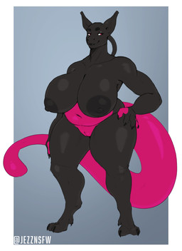 anthro big_breasts black_body black_ears black_lips black_nipples breasts female female_anthro front_view genitals grey_background hand_on_hip huge_breasts humanoid_genitalia humanoid_vulva lips looking_aside magenta_tail mouth_closed navel nipples nude overweight overweight_anthro overweight_female pokemorph red_eyes simple_background solo standing vulva wide_hips jezzlen nintendo pokemon generation_1_pokemon legendary_pokemon mewtwo pokemon_(species) full-length_portrait hi_res portrait