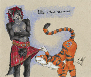 abs annoyed anthro ass_up belt bent_over black_body black_fur bottomwear british butt butt_markings caption clothed clothing crossed_arms curly_hair dreadlocks duo footprint fur grey_body grey_eyes grey_fur hair inner_ear_fluff kilt looking_under_clothing male male/male markings multicolored_body multicolored_fur muscular nipple_piercing nipple_ring nipples nude orange_body orange_fur pattern_clothing pawprint pawprint_(marking) piercing plaid plaid_clothing raised_tail red_hair ring_piercing scottish sporran standing striped_body striped_fur stripes tail tartan_bottomwear tattoo text topless tuft two_tone_body two_tone_fur union_jack white_body white_fur czgoldedition blood_raven_(czgoldedition) sammy_stripes canid canine canis felid mammal pantherine tiger wolf 2008 colored english_text traditional_media_(artwork)