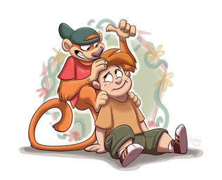 anthro brown_hair clothing duo hair hat headgear headwear male orlandofox cartoon_network cc-by-nc-nd creative_commons my_gym_partner's_a_monkey adam_lyon jake_spidermonkey atelid haplorhine human mammal monkey new_world_monkey primate spider_monkey 2019 digital_media_(artwork) hi_res