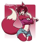 2020 5_fingers abs anthro athletic athletic_anthro athletic_female black_nose blush bottomwear breasts canid canine chest_tuft clothing female fingers fox fur hair inner_ear_fluff kdhynamo looking_at_viewer mammal navel open_mouth pawpads red_body red_eyes red_fur red_hair regys_(carp) shirt short_hair shorts simple_background smile solo stretching tank_top topwear tuft
