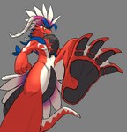 ambiguous_gender anthro extreme_size_difference feet foot_focus imminent_crush low-angle_view macro male membrane_(anatomy) muscular muscular_male orange_eyes pawpads red_body simple_background size_difference soles solo tail tire toes webbed_feet worm's-eye_view joeleo55515 nintendo pokemon ancient_pokemon apex_build_koraidon generation_9_pokemon koraidon legendary_pokemon paradox_pokemon pokemon_(species) absurd_res hi_res