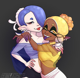 big_breasts black_bottomwear black_clothing blonde_hair blue_hair bottomwear breasts chest_wraps clothed clothing dark_body dark_skin duo ear_piercing eyelashes female front_view grey_background hair hair_over_eye hand_on_hip humanoid_pointy_ears looking_at_viewer one_eye_closed orange_eyes pale_skin piercing pointy_ears pseudo_hair red_eyes shawl simple_background small_breasts tentacle_hair tentacles tongue tongue_out topwear white_bottomwear white_clothing wide_hips wink winking_at_viewer wraps yellow_clothing yellow_topwear cuttlehonk nintendo splatoon frye_(splatoon) shiver_(splatoon) animal_humanoid aquatic aquatic_humanoid cephalopod cephalopod_humanoid humanoid inkling mollusk mollusk_humanoid octarian octoling octopus_humanoid squid_humanoid hi_res