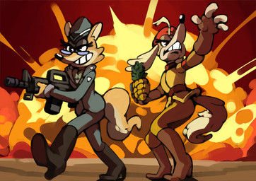 anthro black_nose boots brown_body brown_fur clothed clothing duo explosion explosives female footwear fur glass grenade grin gun hat headgear headwear high_heeled_boots high_heels military_cap military_uniform orange_body orange_fur ranged_weapon rifle shoes smile tail teeth uniform weapon bittenhard cuphead_(game) sek_studio squirrel_and_hedgehog lt._fox_vixen sergeant_o'fera canid canine canis domestic_dog fox hunting_dog mammal saluki sighthound 2022 crossover