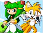 anthro blue_eyes clothing duo electric_guitar electronics female fur green_clothing guitar male microphone musical_instrument narrow_hips plant plucked_string_instrument pseudo_hair string_instrument thin_calves thin_legs thin_thighs white_body white_fur yellow_body yellow_fur sawcraft1 sega sonic_the_hedgehog_(series) sonic_x cosmo_the_seedrian miles_prower alien canid canine elemental_creature elemental_humanoid flora_fauna fox humanoid mammal plant_humanoid seedrian 2023 hi_res