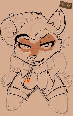 anthro areola areola_outline bottomwear cigarette clothed clothing female female_anthro fur hair kneeling looking_at_viewer nipple_outline nipples open_clothing open_mouth open_shirt open_topwear pose shirt shorts simple_background smile smoking solo tail topwear tuft posspowered cora_vayre_(posspowered) mammal procyonid raccoon digital_media_(artwork) guide_lines hi_res monochrome signature sketch