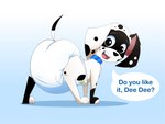 anthro butt clothing diaper female looking_back open_mouth padding simple_background solo speech_bubble text white_diaper imces 101_dalmatian_street 101_dalmatians disney dizzy_(101_dalmatians) canid canine canis dalmatian domestic_dog mammal 4:3 english_text