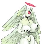 1_eye anthro big_breasts blush breasts claws cross female fur genitals halo hand_on_breast holding_breast looking_at_viewer multi_wing not_furry nude pussy red_eyes simple_background solo white_body white_fur wings plastikcherub third-party_edit horniel_(thouartphi) angel biblically_accurate_angel humanoid seraph_(angel) absurd_res hi_res