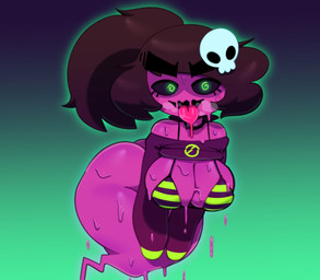 bra breasts brown_hair butt choker clothing eyebrows female hair jewelry looking_at_viewer necklace pattern_bra pattern_clothing pattern_topwear pattern_underwear purple_body slime solo spiral spiral_pupils striped_bra striped_clothing striped_topwear striped_underwear stripes thick_eyebrows tongue tongue_out topwear underwear somescrub scrub_(somescrub) ghost humanoid spirit 2022 hi_res