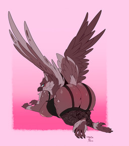 anthro avian_feet back_wings beak big_breasts big_butt blue_eyes blush body_blush breasts brown_body butt clothing exposed_breasts feathered_wings feathers female garter_belt_leggings garter_straps genitals huge_breasts huge_butt lingerie looking_back lying markings nipples non-mammal_breasts non-mammal_nipples on_front pink_background presenting presenting_hindquarters rear_view scuted_feet scutes simple_background solo spots spotted_markings tail tail_feathers thick_thighs vulva wide_hips wings lofiflavors yogoat mythology tadame_(toumak) avian gryphon mythological_avian mythological_creature 2026 absurd_res dated hi_res signature