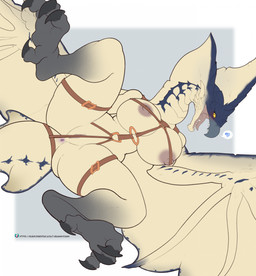 anthro anus areola big_breasts breasts claws female genitals heart_symbol nipples nude simple_background solo spread_legs spreading thick_thighs vulva wings quangdoann capcom european_mythology monster_hunter mythology dragon flying_wyvern legiana mythological_creature mythological_scalie scalie western_dragon hi_res
