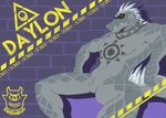 animal_genitalia genital_slit genitals male mask red_eyes solo spikes spread_legs spreading tattoo text dasinbun dislyte lilith_games daylon_(dislyte) sobek crocodile crocodilian reptile scalie hi_res