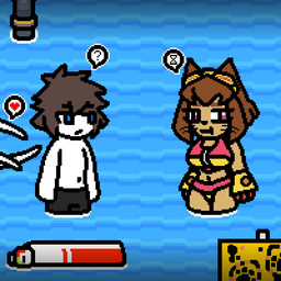 anthro armor bikini blue_eyes brown_body brown_hair clothed clothing confusion duo eyebrows eyelashes eyewear eyewear_on_head female gauntlets gloves goggles goggles_on_head hair handwear heart_symbol hourglass_(object) legs_in_water looking_away male navel pink_eyes pipe pupils question_mark shirtless sign speech_bubble square_pupils swimwear tentacles topless two-piece_swimsuit water whiskers white_body pfluffyskeleton changed_(video_game) gameoverse glitch_productions kit_bodega lin_(changed) domestic_cat felid feline felis human mammal 2026 crossover digital_media_(artwork) pixel_(artwork)