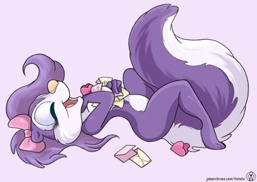 accessory anthro biped bow_(feature) bow_accessory bow_ribbon countershading envelope eyelashes eyes_closed female fluffy fluffy_tail hair_accessory hair_bow hair_ribbon happy heart_symbol letter markings ribbons solo striped_markings striped_tail stripes tail tail_markings toony fatalis_(artist) tiny_toon_adventures warner_brothers fifi_la_fume mammal mephitid skunk striped_skunk