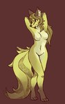 2014 anthro breasts canid canine digital_media_(artwork) featureless_breasts feet female fox full-length_portrait fur hair hand_behind_head looking_aside mammal navel nude portrait raised_hand retros simple_background solo standing toes yellow_body yellow_fur