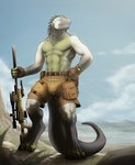 anthro armpit_hair athletic athletic_anthro athletic_male awp body_hair clothed clothing desert detailed_background fur gun holding_object holding_weapon looking_at_viewer male military outside ranged_weapon rifle shirtless sky smile sniper sniper_rifle solo weapon corrsk iguana iguanid lizard reptile scalie digital_media_(artwork) hi_res