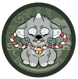 abstract_background ambiguous_gender bell black_nose blep dipstick_horn eyes_closed fangs feral front_view fur grey_body grey_fur grey_horn horn leg_markings markings multicolored_horn socks_(marking) solo teeth tongue tongue_out unsigned white_body white_fur white_horn yellow_tongue asnnonaka asian_mythology east_asian_mythology japanese_mythology mythology ryuusei canid canine foo_dog komainu mammal yokai full-length_portrait portrait