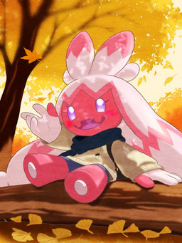 autumn autumn_leaves blush clothed clothed_female clothed_humanoid clothing eyelashes female female_humanoid hair log looking_at_viewer open_mouth pink_body pink_hair plant purple_eyes scarf sitting solo tree wood pocklekorpokkur nintendo pokemon generation_9_pokemon humanoid pokemon_(species) tinkaton 2025 3:4
