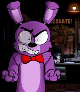 4_fingers angry anthro bendy_straw big_eyes big_head black_nose bow_(feature) bow_tie checkered checkered_floor container cup disposable_cup drinking_straw electronics fingers fur inside light long_ears looking_at_viewer machine male monitor nude purple_body purple_fur solo toony unknown_artist five_nights_at_freddy's scottgames bonnie_(fnaf) animatronic lagomorph leporid mammal rabbit robot cel_shading shaded