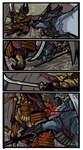 armor battle blood bodily_fluids duo feral fight fighting_pose horn japanese_armor male melee_weapon naginata polearm pose samurai_armor spear weapon wings labjer mythology khez_(labjer) dragon mythological_creature mythological_scalie scalie colored comic