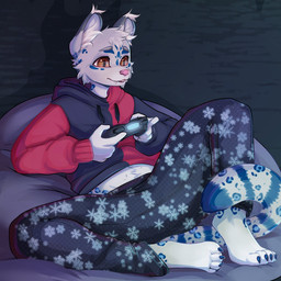 4_toes 5_fingers amber_eyes anthro barefoot black_bottomwear black_clothing black_hoodie black_pants black_topwear blue_claws blue_markings blue_spots blue_stripes bottomwear brown_eyes claws clothed clothed_anthro clothed_male clothing controller dipstick_ears ear_markings ear_tuft eyebrows facial_markings fangs feet fingers front_view fully_clothed fully_clothed_anthro fully_clothed_male fur fur_markings game_controller grey_ear_tips grey_eyebrows head_markings hip_markings holding_controller holding_game_controller holding_object hoodie humanoid_hands inner_ear_fluff leg_markings male male_anthro markings midriff multicolored_clothing multicolored_ears multicolored_topwear neck_markings pants pattern_bottomwear pattern_clothing pattern_pants pink_nose pupils reclining red_clothing red_hoodie red_topwear ring_(marking) ringed_tail shadow sitting slim slim_anthro slim_male slit_pupils snowflake_pattern snowflake_print solo spots spotted_body spotted_fur spotted_markings spotted_tail spread_legs spreading striped_markings striped_tail stripes tail tail_markings teeth toe_claws toes topwear tuft two_tone_clothing two_tone_hoodie two_tone_topwear white_body white_fur white_inner_ear_fluff white_sclera white_tuft fairyincorner lucky_(luckydude) felid mammal pantherine snow_leopard 1:1 2024 digital_media_(artwork) full-length_portrait hi_res portrait