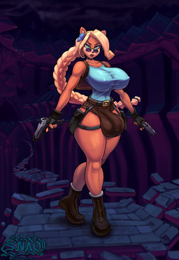 accessory anthro balls big_breasts blonde_hair boots bottomwear braided_hair breasts brown_body bulge clothed clothing cosplay crossover_cosplay detailed_bulge eyebrows eyewear fingerless_gloves fingers flower flower_in_hair footwear genitals gloves green_eyes gun gynomorph hair hair_accessory handgun handwear holidays hotpants huge_breasts intersex long_hair looking_at_viewer multicolored_body nipple_outline penis plant ranged_weapon shoes shorts skimpy small_waist solo standing sunglasses text thick_thighs topwear two_tone_body weapon snao activision crash_bandicoot_(series) halloween tomb_raider coco_bandicoot lara_croft bandicoot mammal marsupial 2022 artist_name crossover dated full-length_portrait hi_res portrait