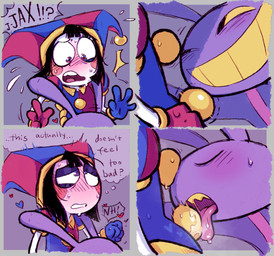 4_fingers anthro bodily_fluids dominant dominant_male duo female fingers fist hair larger_male licking looking_pleasured male messy_hair null saliva shaking sharp_teeth shivering size_difference smaller_female smug_grin speech_bubble submissive submissive_female surprised sweat sweatdrop teeth text thought_bubble tongue unusual_erogenous_zone blueespresso69 glitch_productions the_amazing_digital_circus jax_(tadc) pomni_(tadc) humanoid lagomorph leporid mammal rabbit comic english_text hi_res