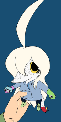 ahoge anthro black_eyes blonde_hair blue_background blue_clothing blue_hoodie blue_topwear clothing duo female footwear freckled_face freckled_tail freckles green_clothing green_footwear green_shoes green_sneakers grey_body grey_scales hair hair_over_eye hand_puppet hoodie light-skinned_male light_body light_skin long_hair long_tail looking_at_viewer male scales shoes simple_background sneakers snout tail topwear yellow_sclera jacket_ignites third-party_edit cavemanon_studios puppet_pals snoot_game anon_(snoot_game) judee dinosaur human mammal prehistoric_species reptile saurischian scalie theropod troodon troodontid 2025 absurd_res color_edit colored digital_drawing_(artwork) digital_media_(artwork) hi_res