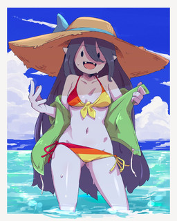 bikini breasts clothed clothing fangs female hat headgear headwear humanoid_pointy_ears not_furry outside partially_submerged pointy_ears smile sun_hat swimwear teeth two-piece_swimsuit water wet roxy_prog adventure_time cartoon_network marceline_abadeer humanoid vampire 2021 4:5 digital_media_(artwork) hi_res shaded
