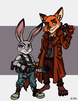 anthro assault_rifle barefoot claws countershading dipstick_ears duo ear_markings explosives facial_markings feet female fur grenade gun handgun head_markings holding_gun holding_object holding_ranged_weapon holding_weapon inner_ear_fluff looking_at_viewer male markings multicolored_ears muzzle_(marking) ranged_weapon revolver rifle simple_background size_difference smile snout snout_markings toe_claws tuft weapon thelivingshadow alien_(franchise) blade_runner disney zootopia ellen_ripley judy_hopps nick_wilde rick_deckard canid canine fox lagomorph leporid mammal rabbit red_fox true_fox 2016 hi_res